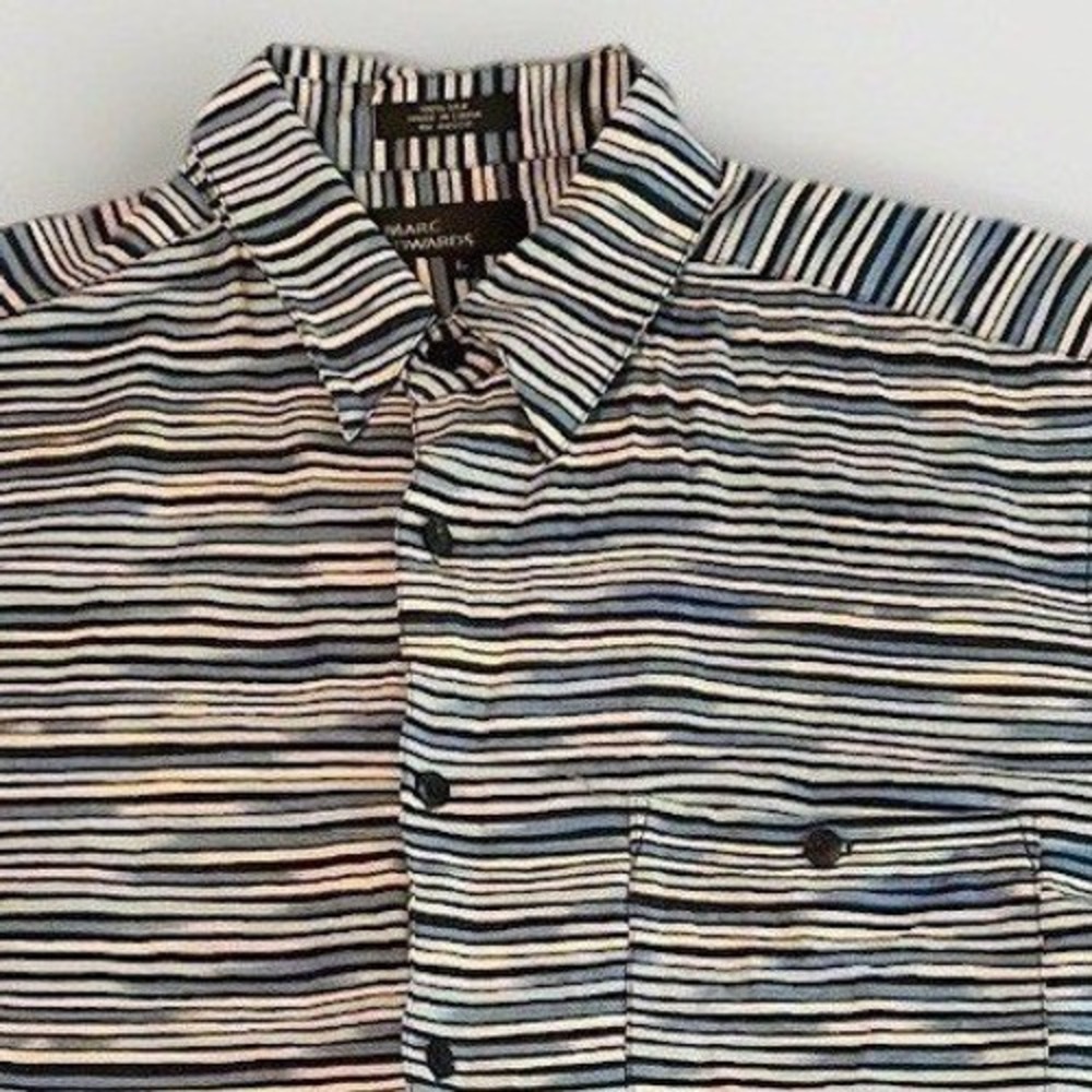 Marc Edwards Silk Button Down Shirt Mens‎ Large Blue Yellow Striped Short Sleeve